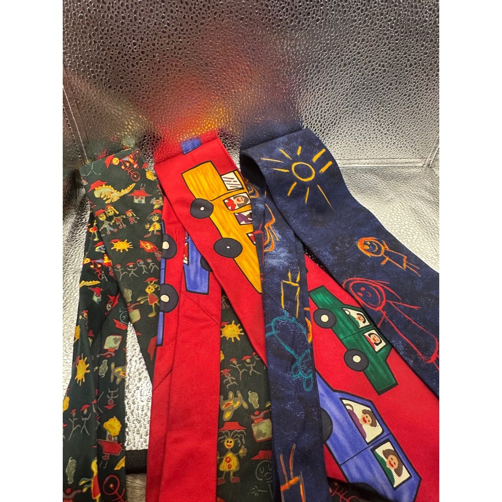 Vintage Save the Children Silk Tie Lot Men 3pc Novelty Art Teacher School Bus